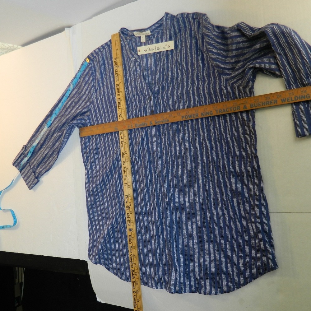 Hester & Orchard Tunic Top Women Large Blue White Striped Split Neck Cotton New - Picture 10 of 11